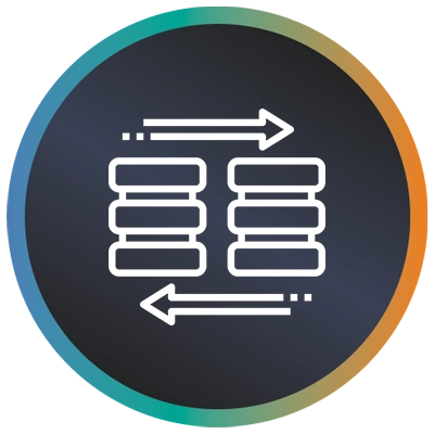 Circular logo with two servers, arrows going each direction and a teal-to-orange gradient border symbolising data migration.