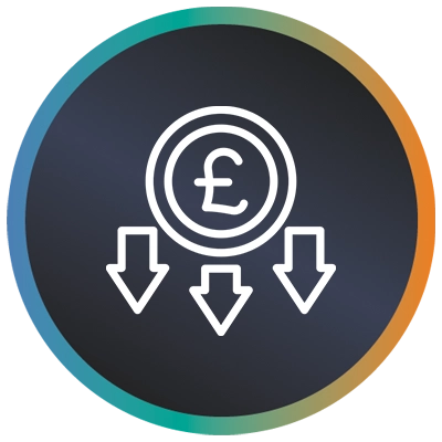 Circular logo with a pound sign, arrows pointing down and a teal-to-orange border symbolising IT project recovery savings.