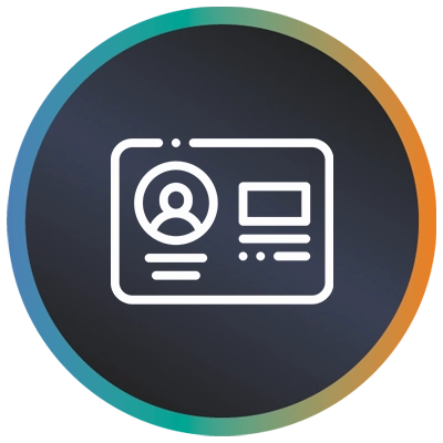 Circular logo featuring a membership card, with a teal-to-orange gradient border, symbolising membership experience.