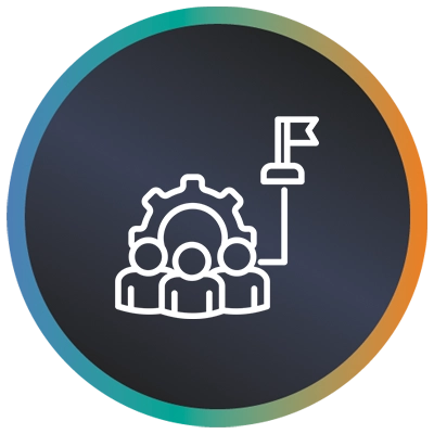 Circular logo with three people, a gear, a flag and an a teal-to-orange gradient border symbolising ICT core competencies