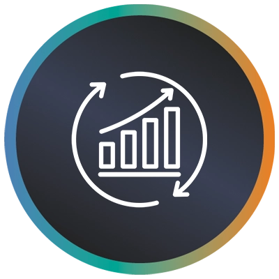 Circular logo with a graph and arrow going up and a teal-to-orange gradient border symbolising IT project recovery execution.
