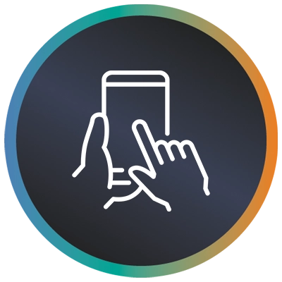 Circular logo with hands using a phone and a teal-to-orange gradient border symbolising responsive UX UI design.