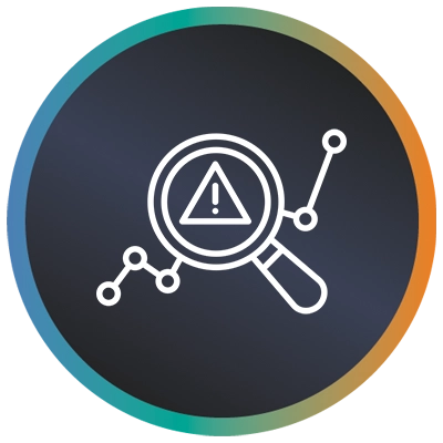 Circular logo with warning triangle in a magnifying glass and a teal-to-orange border symbolising cyber security reviews.