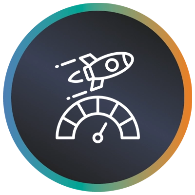 Circular logo with a rocket, rev counter and a teal-to-orange gradient border symbolising software performance testing.