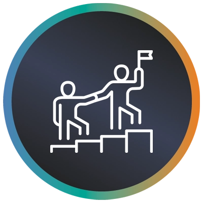 Circular logo with a person leading another upwards and a teal-to-orange border symbolising digital transformation leadership