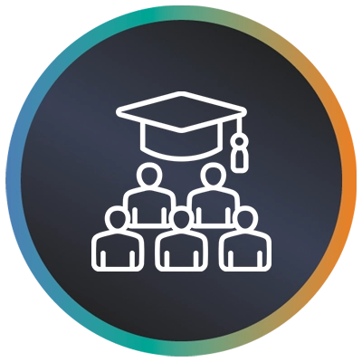 Circular logo with five students under a mortarboard hat and a teal-to-orange gradient border symbolising school ICT services