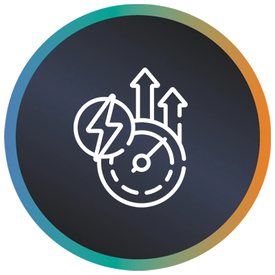 Circular logo with counter, an arrow pointing up and a teal-to-orange gradient border symbolising accelerating release cycles