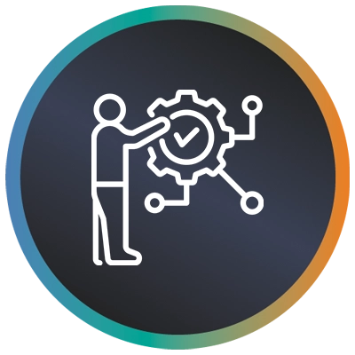 Circular logo with person, cog with a tick in it and a teal-to-orange gradient border symbolising integration testing service