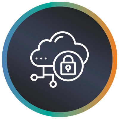 Circular logo with a cloud, a padlock in a circle and a teal-to-orange gradient border symbolising secure cloud data.