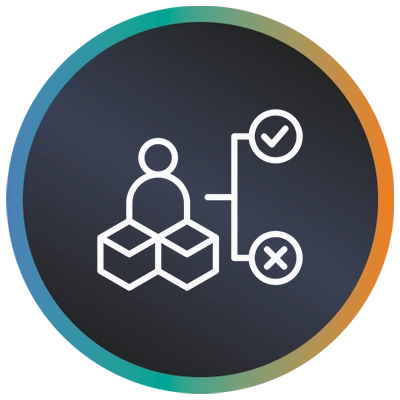 Circular logo with a person selecting options and a teal-to-orange border symbolising digital transformation consultancy.