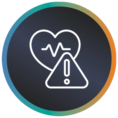 Circular logo with a heart, lifeline, warning triangle and a teal-to-orange gradient border symbolising security testing.