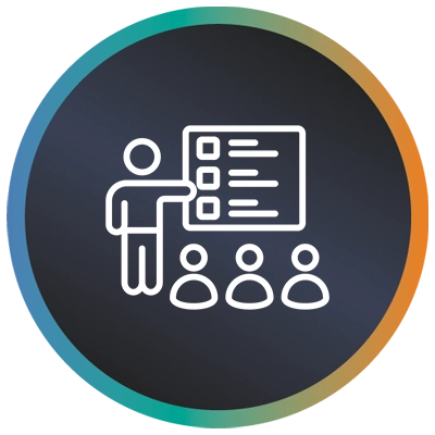 Circular logo with a PM in front of stakeholders and a teal-to-orange gradient border symbolising IT project management.