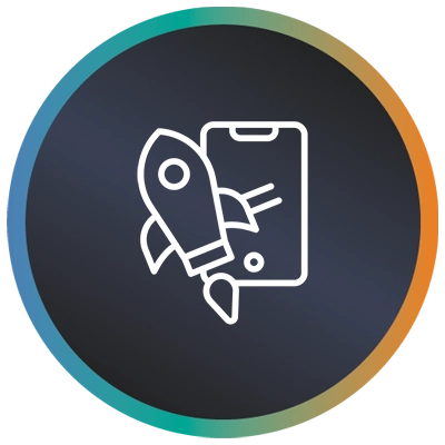 Circular logo with phone, rocket and a teal-to-orange gradient border symbolising software requirements testing.
