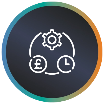 Circular logo with a pound sign, clock, cog in a circle and a teal-to-orange gradient border symbolising reducing IT spend.