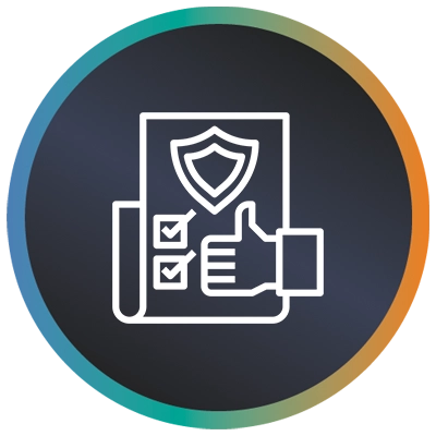 Circular logo with a thumbs up over a document and a teal-to-orange border symbolising quality assurance compliance security.