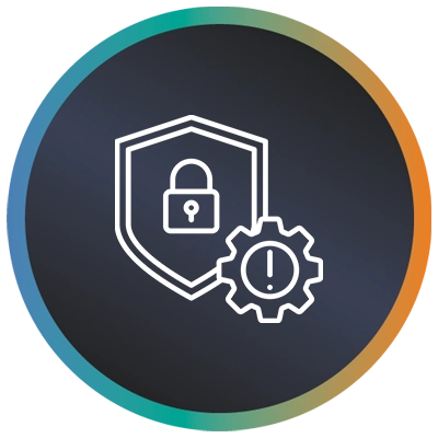 Circular logo with cog, padlock, shield and a teal-to-orange gradient border symbolising cyber security project management.