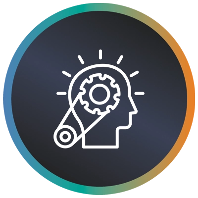 Circular logo with cog attached to a brain and a teal-to-orange border symbolising digital transformation project management