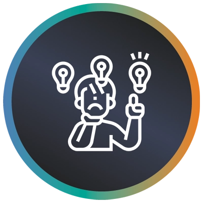 Circular logo with a sad person and light bulbs and a teal-to-orange gradient border symbolising reducing digital risks.