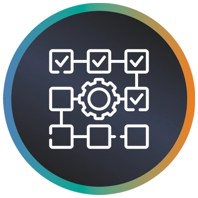 Circular logo with a cog surrounded by ticks and a teal-to-orange gradient border symbolising software unit testing.