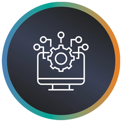 Circular logo with a screen, gear and wires with a teal-to-orange gradient border symbolising Third Party Integration Service