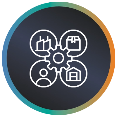 Circular logo with a gear and technology on a teal-to-orange gradient border, symbolising third party integration services.
