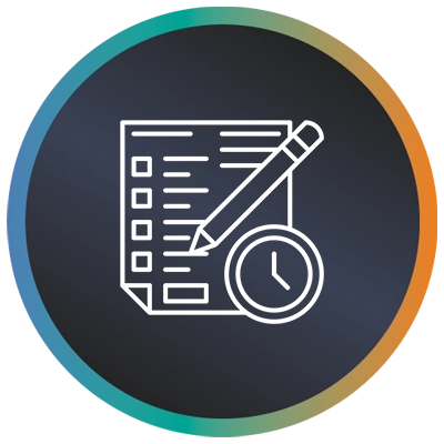 Circular logo with a document, clock, pen and a teal-to-orange gradient border symbolising ICT school timetables.