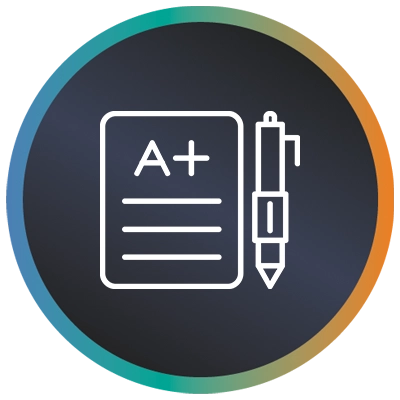 Circular logo with clipboard, pen, A+ marking and a teal-to-orange gradient border symbolising cyber security vendor reviews.