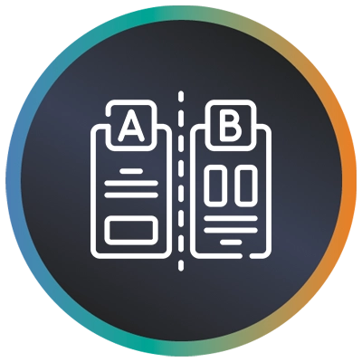 Circular logo with two documents side-by-side and a teal-to-orange gradient border symbolising A-B testing.