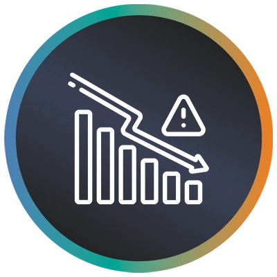 Circular logo with a chart, arrow going down and a teal-to-orange gradient border symbolising reducing technical risks.