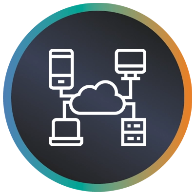 Circular logo with a devices connected to a cloud and a teal-to-orange border symbolising digital transformation strategy.