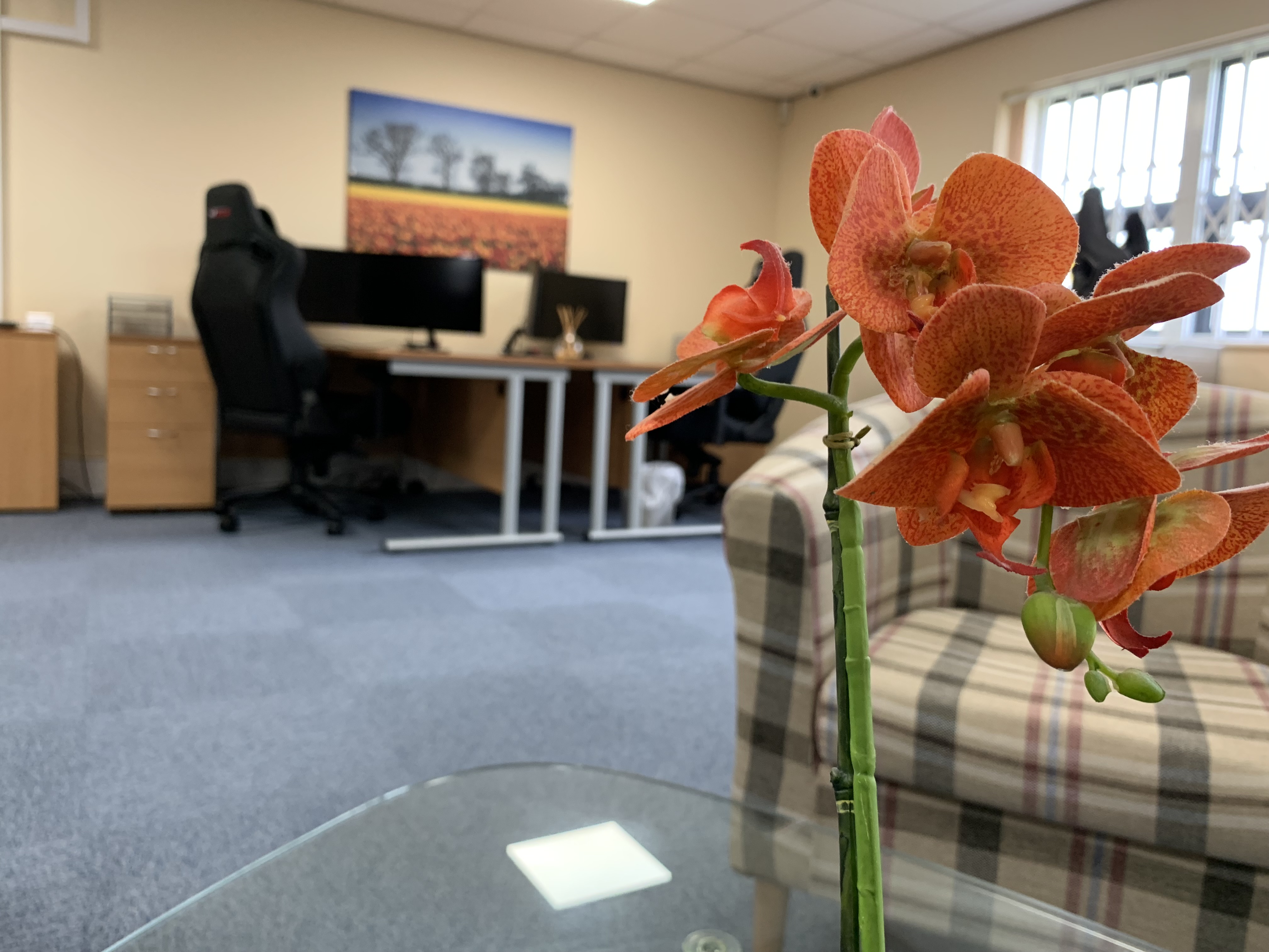Digital transformation office with flowers on a table