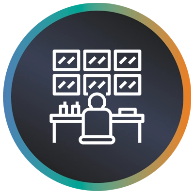 Circular logo with a person, six monitors and a teal-to-orange gradient border symbolising online security monitoring.