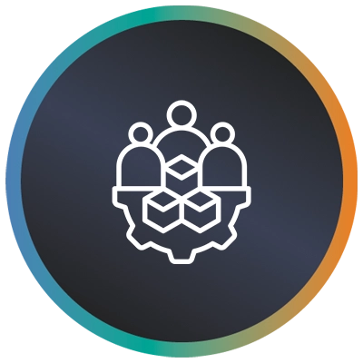 Circular logo with a half gear, people and boxes and teal-to-orange gradient border symbolising IT vendor review procurement.