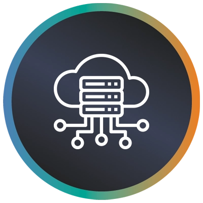 Circular logo with a cloud, server, cables and a teal-to-orange gradient border symbolising integrated cloud servers.