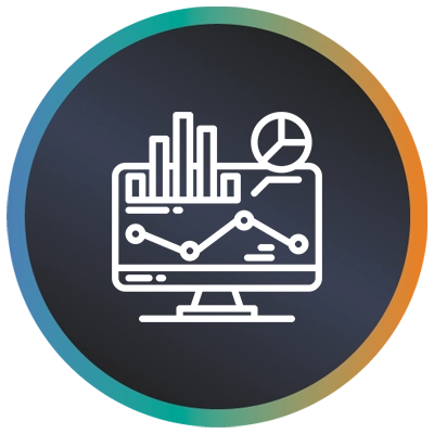 Circular logo with a screen, analytics, graphs and a teal-to-orange gradient border symbolising monitoring software testing.
