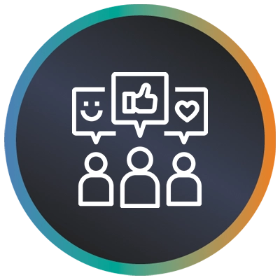 Circular logo with three people, positive reviews and a teal-to-orange gradient border symbolising customer experience.