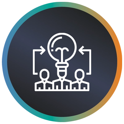 Circular logo with 3 people leading to a lightbulb and a teal-to-orange gradient border symbolising stakeholder engagement.