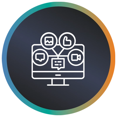 Circular logo with a screen, content stemming from it and a teal-to-orange gradient border symbolising content strategy.