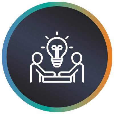 Circular logo with 2 people sat together, a bulb and a teal-to-orange border symbolising technical oversight by CTO services.