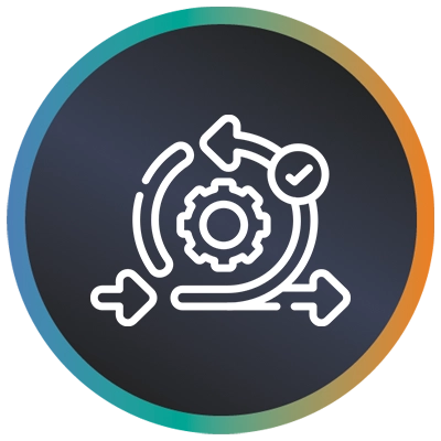 Circular logo with a cog, circular arrows and a teal-to-orange gradient border symbolising agile bespoke software development