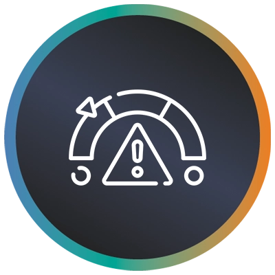 Circular logo with warning triangle, progression gauge and a teal-to-orange gradient border symbolising requirements testing.
