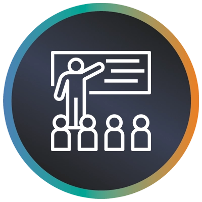 Circular logo with a teacher, four students and a teal-to-orange gradient border symbolising school ICT school services.
