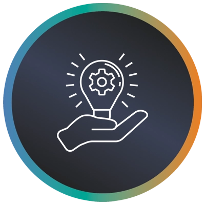 Circular logo with a lit bulb in a hand and a teal-to-orange gradient border symbolising IT project planning.