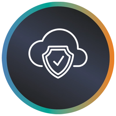 Circular logo with a cloud, a tick in a shield and an a teal-to-orange gradient border symbolising ICT cloud security.