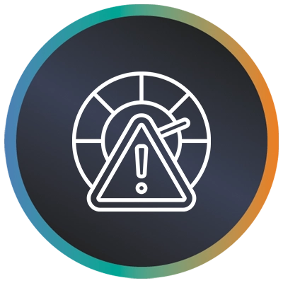 Circular logo with warning triangle in a rev counter and a teal-to-orange gradient border symbolising It project performance.