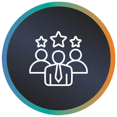 Circular logo with three people, three stars and a teal-to-orange gradient border symbolising digital transformation experts