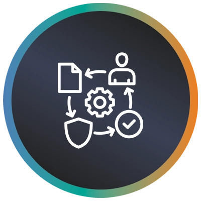 Circular logo with person, tick, document, shield and a teal-to-orange gradient border symbolising IT project recovery plan.