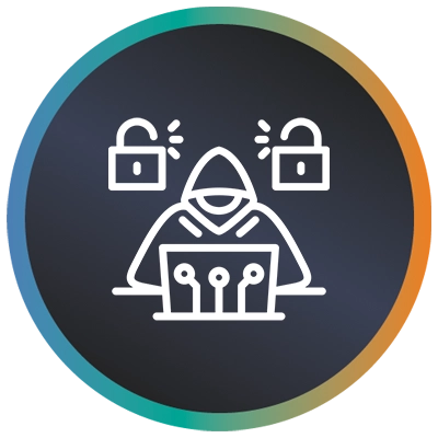 Circular logo with cyber attacker, screen, padlocks and a teal-to-orange gradient border symbolising cyber attack prevention.