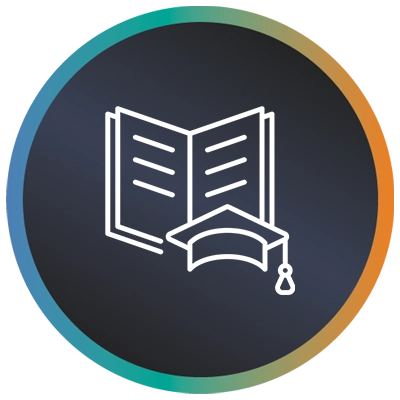 Circular logo with a text book, mortarboard hat and a teal-to-orange gradient border symbolising school ICT school services.