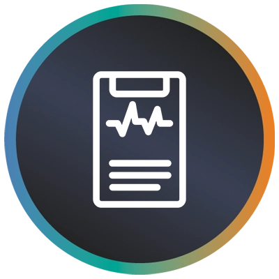 Circular logo with a clipboard, a lifeline, text and a teal-to-orange gradient border symbolising business analyst services,